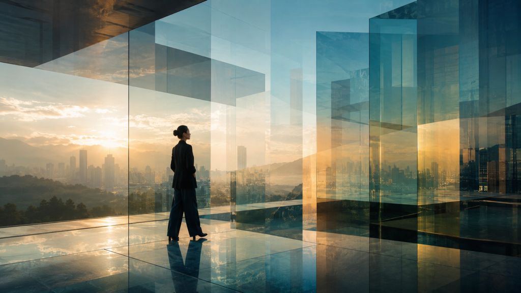 Woman moving through layered glass architecture, representing expanded perception and exceptional leadership.