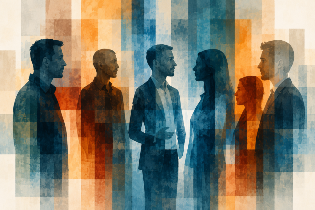 Layered silhouettes of diverse professionals representing collective intelligence, collaboration, and multiple perspectives in leadership.