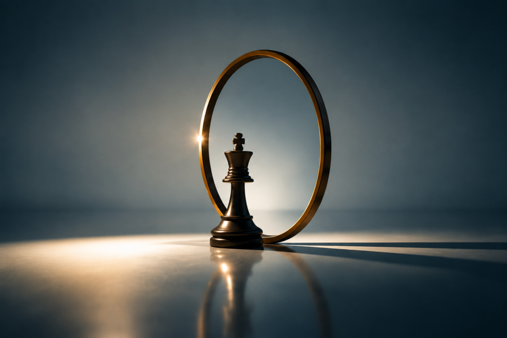 Black chess king framed by a reflective golden circle, symbolizing the relationship between intelligence, power, perception, and maturity in leadership.