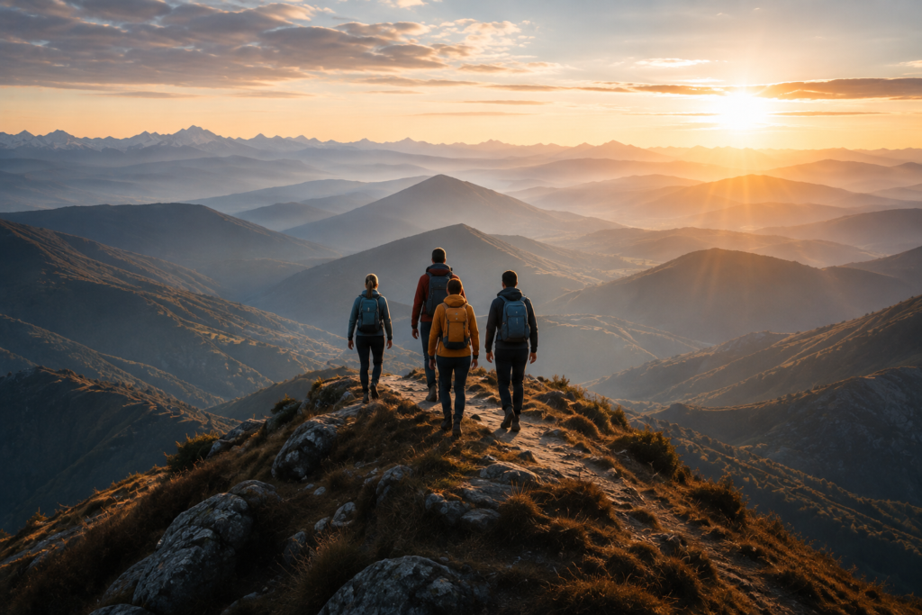 Four people moving together along a mountain ridge toward the horizon, representing shared purpose, meaningful contribution, and collective action.