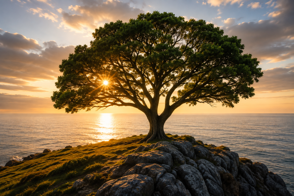 A mature tree rooted on a coastal landscape at sunset, representing regenerative leadership, sustainability, and the interdependence of individual and collective wellbeing.