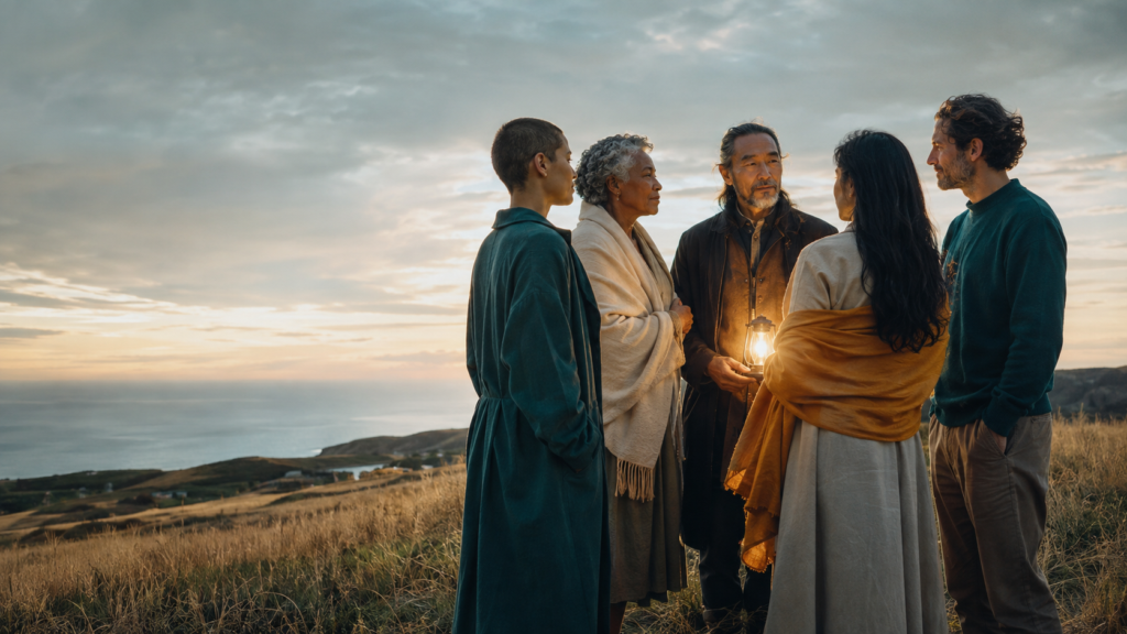 Five diverse adults stand together around a lantern at dawn on a grassy coastal hillside, facing one another with calm attention.