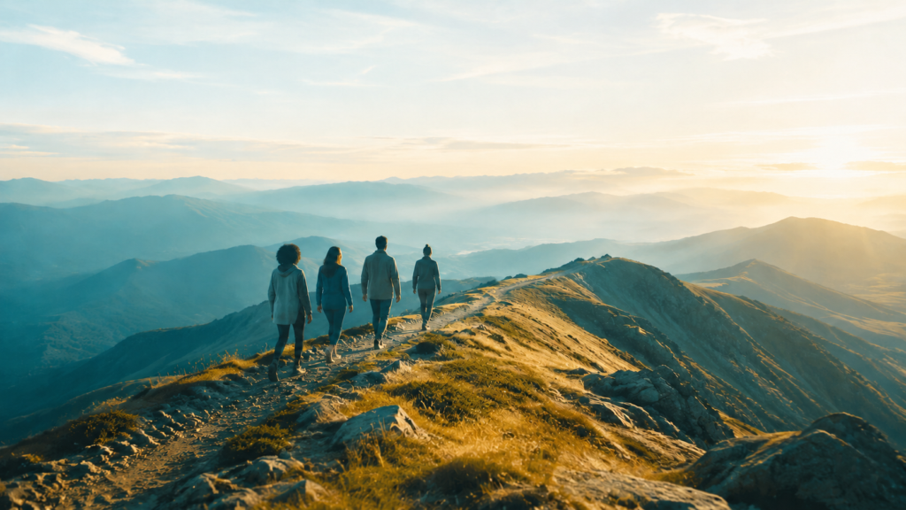 Four people walk together along a sunlit mountain ridge toward a wide, glowing horizon.