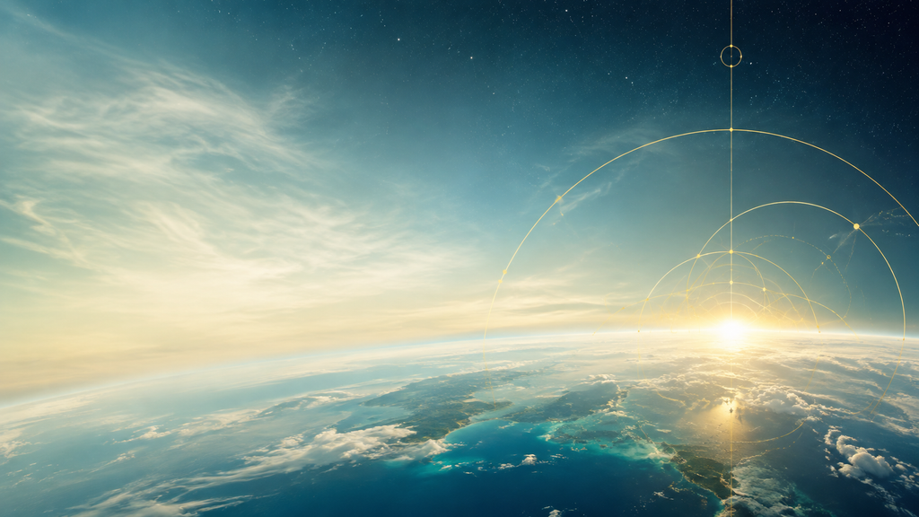 Dawn rises over Earth’s curved horizon, with delicate gold geometric arcs against a deep teal sky, symbolizing planetary stewardship and expanded perspective.
