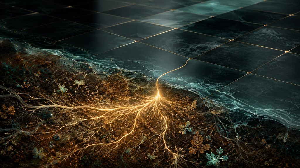 A dark glass grid dissolves into living earth, where a single golden thread becomes luminous roots spreading through rich soil.