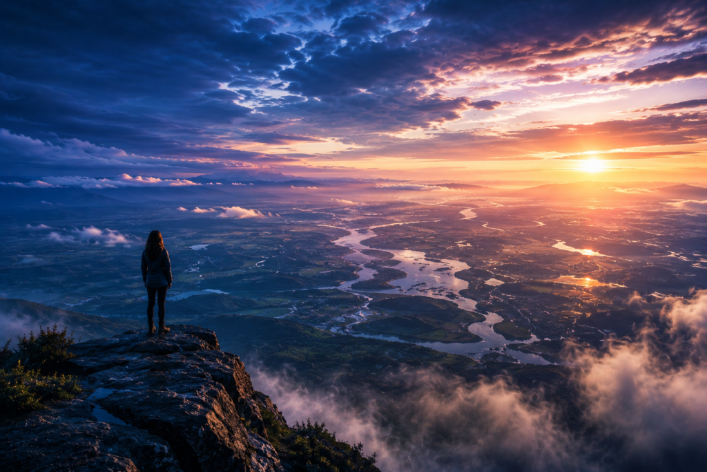 A woman overlooking a vast landscape from a mountaintop, symbolizing expanded perception, leadership discernment, systems thinking, and human potential.