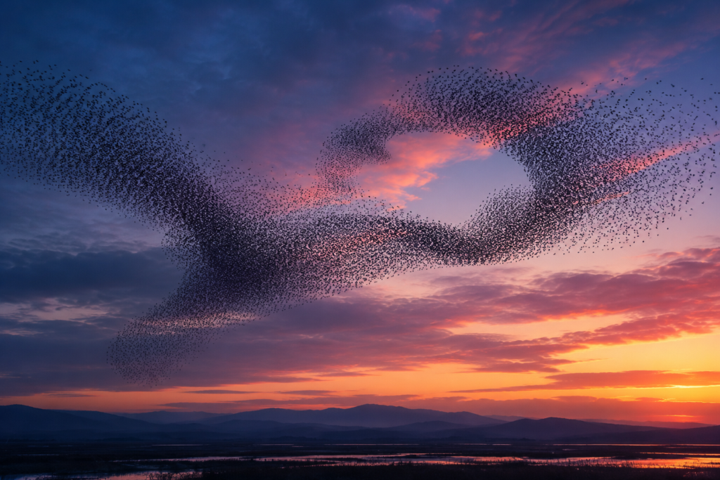 A murmuration of birds moving in coordinated flight across the sky, symbolizing expanded perception, interconnected systems, discernment, and the future of leadership.