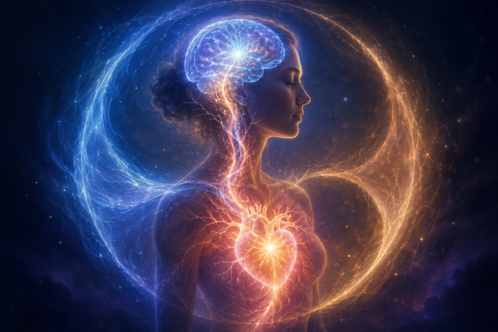 A luminous connection between the heart and brain, symbolizing resonant coherence, integrated intelligence, and embodied discernment in leadership.