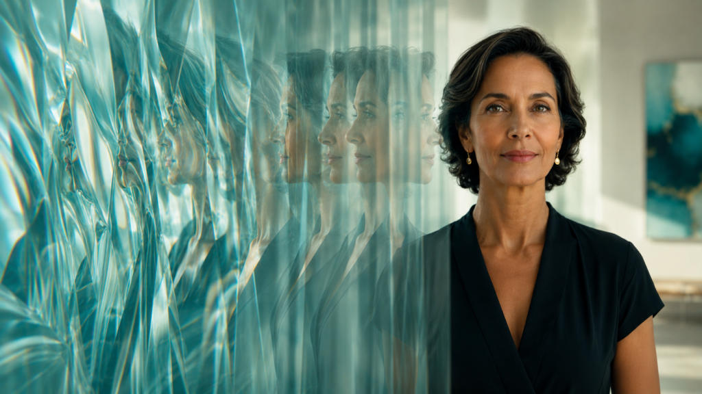 A confident woman with a warm brown complexion stands in sharp focus as intensely warped aqua-glass reflections gradually resolve into her clear image.