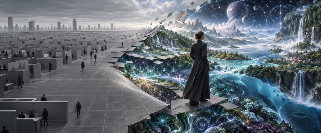 A woman stands at the edge of a gray grid of cubicles and uniform city buildings as the flat surface breaks open to reveal a vivid multidimensional world of mountains, water, roots, constellations, and interconnected life.