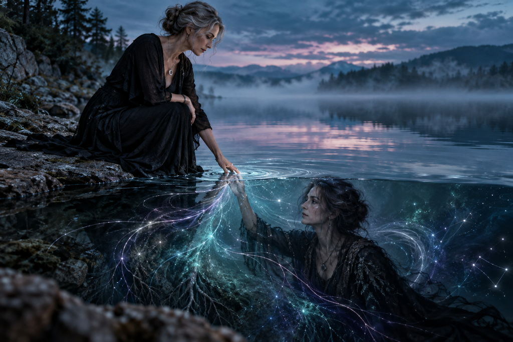 A woman in black kneels beside a misty lake at twilight, touching the water as an underwater reflection of herself reaches upward through luminous teal, violet, and silver strands of light.