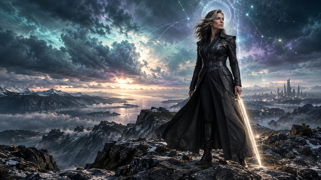 A powerful woman in a long black coat stands on a rocky ridge at dusk, holding a glowing platinum-gold sword as teal and violet storm clouds, sacred geometry, and a distant futuristic city fill the horizon.