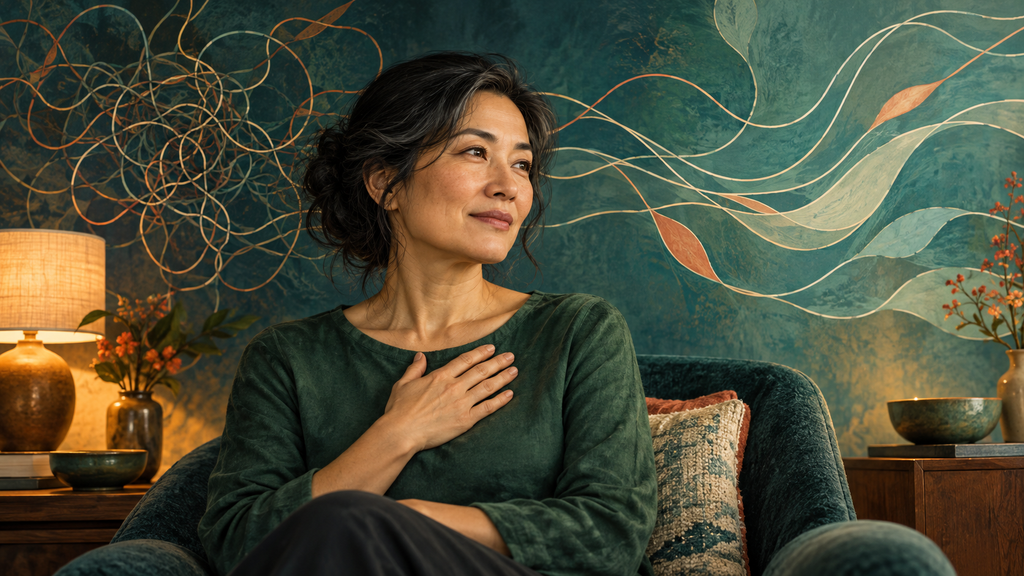 A woman in a jade-green shirt rests one hand over her heart. Behind her, tangled lines gradually loosen into calmer flowing shapes on a deep teal wall.