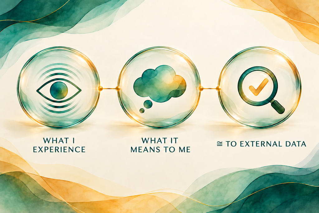 hree connected lenses show an eye, a thought bubble, and a magnifying glass with a check mark. They’re labeled “What I experience,” “What it means to me,” and “≅ to external data.”