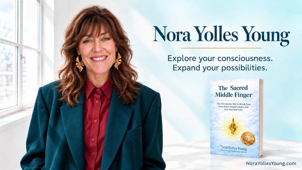 Nora Yolles Young smiles in a teal jacket beside her book, The Sacred Middle Finger, in a bright, airy setting.