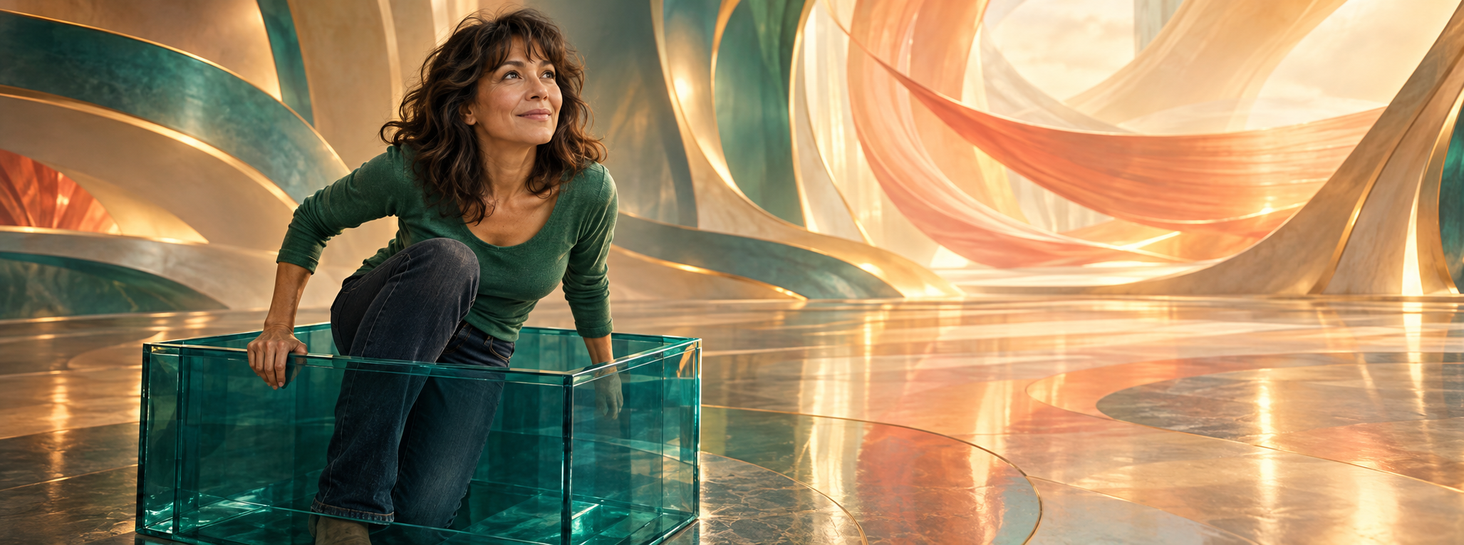 A woman in a jade-green shirt climbs out of a small transparent teal box into a spacious, luminous abstract interior.