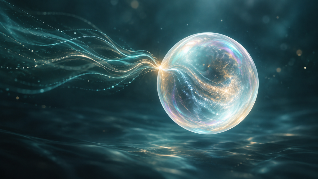 A luminous, translucent sphere meets flowing strands of gold and turquoise light against a deep teal background.